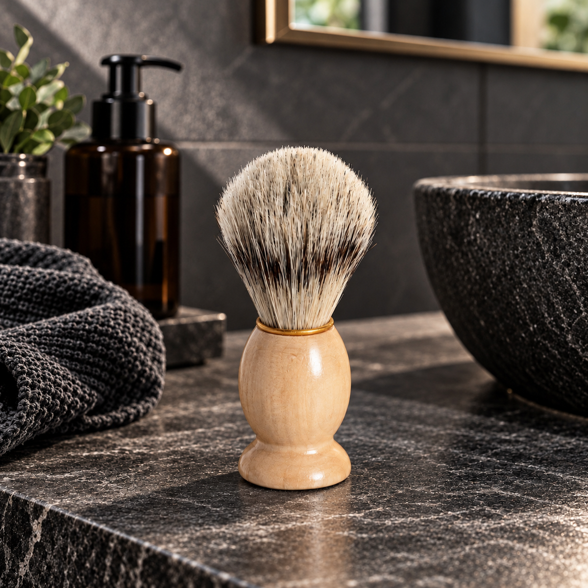 A shaving brush with a light wood handle and dense cream-and-black bristles stands on a dark stone bathroom countertop beside a sink, towel, and soap dispenser.