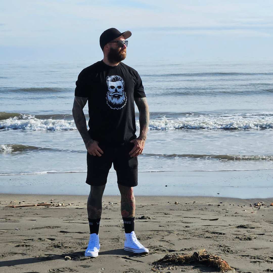 Man Modeling a Black Bearded T-shirt